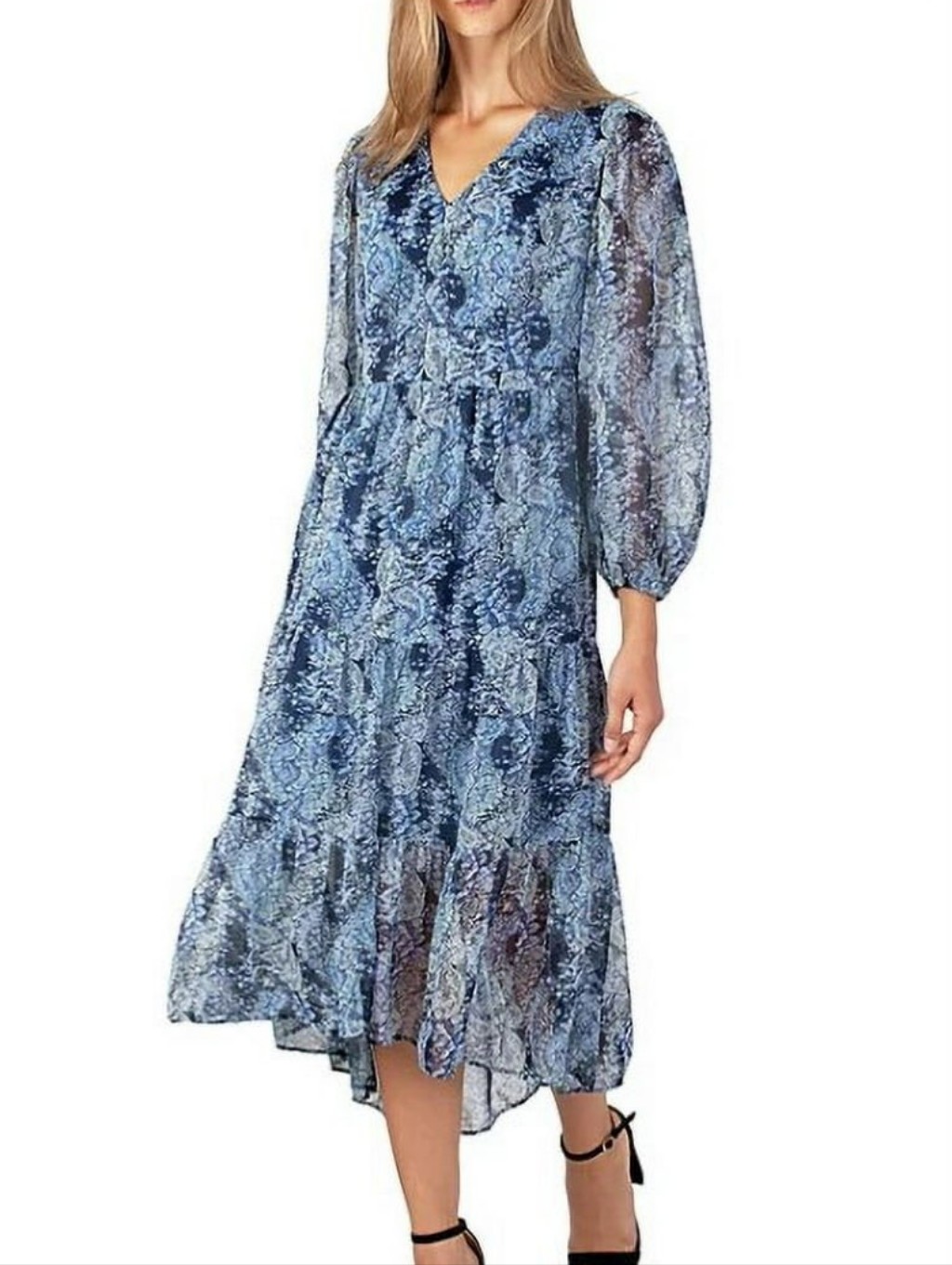 Joie Blue Parisian Paisley Tiered Balloon Sleeve Midi Dress
